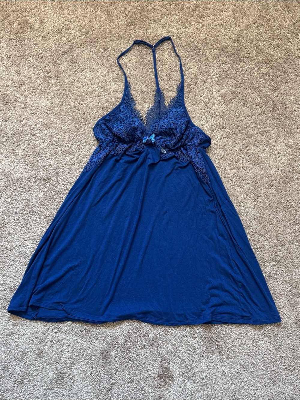 Victoria's Secret Navy Blue Lace Trim Babydoll Chemise T-Back Sleep Dress Medium